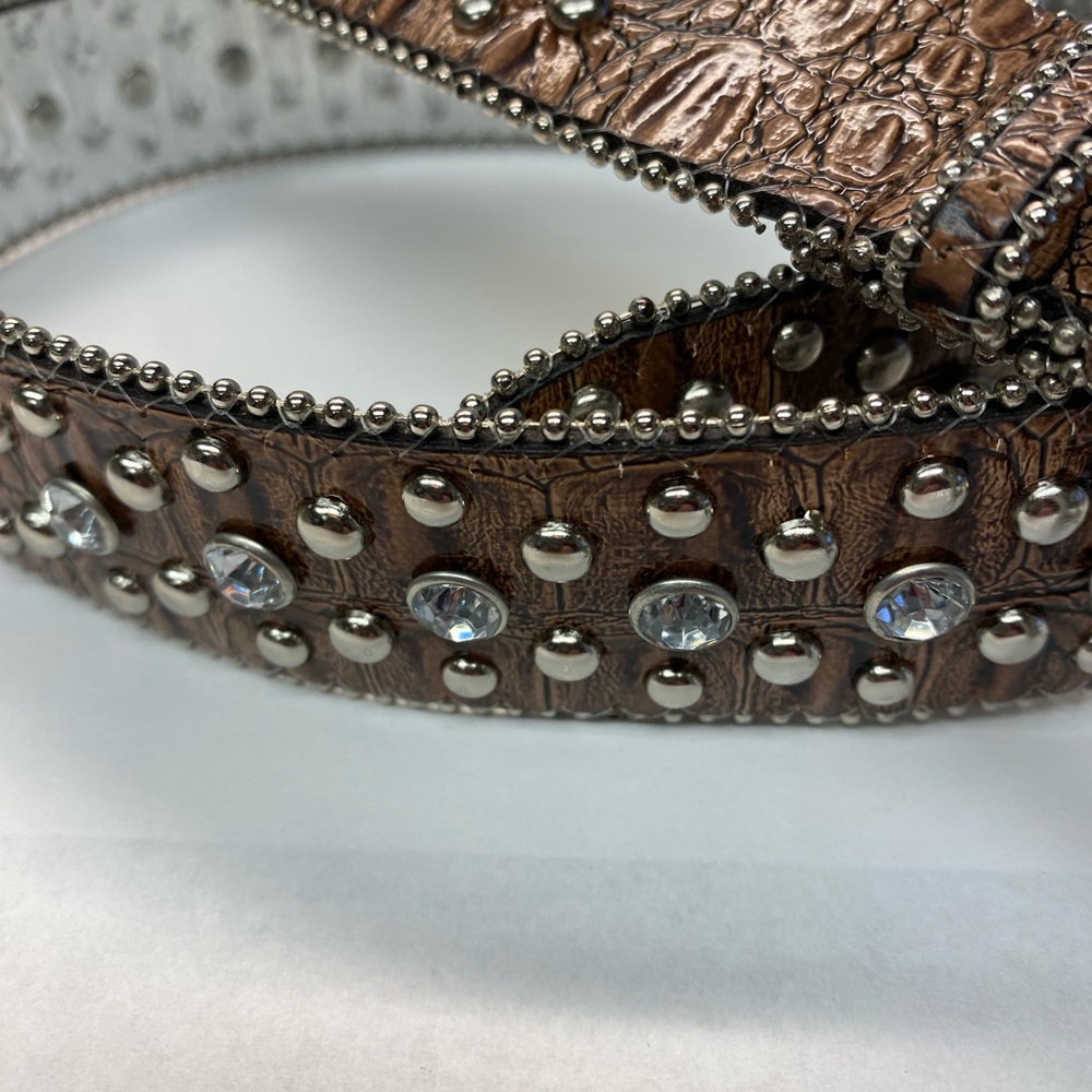 GUESS Western Unisex Stud & Rhinestone Embellished Belt Faux Leather, BROWN, Med - Picture 4 of 11